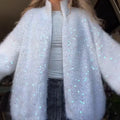 Fuzzy Sequin Zipper Women Cardigan Stand Collar Long Sleeve Loose Knitted Jacket Oversized Sequined Furry Knit Casual Winter Top