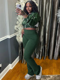 Casual 2 Piece Set Women Tracksuit Patchwork Full Sleeve Zip Elastic Hem Crop Jacket+Flared Pants Sporty Streetwear