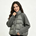 Women Cropped Puffer Jacket Stand Collar Cable Knit Sleeves Patchwork Zip Up Lightweight 2026 Lady Quilted Winter Warm Outerwear