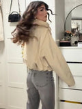 Women Stand Collar Double Breasted Cropped Trench Jacket Long Sleeve Button Cuff Loose Short Outerwear Fashion Street Daily Wear