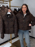 Women Leopard Print Puffer Jacket Stand Collar Zip‑Up Drawstring Hem Loose Short Warm Winter Padded Side Pockets Coat Outerwear