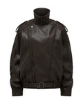 French Retro Pu Leather Jacket for Women Stand Collar Long Sleeve Patchwork Button Temperament Loose Coat Female