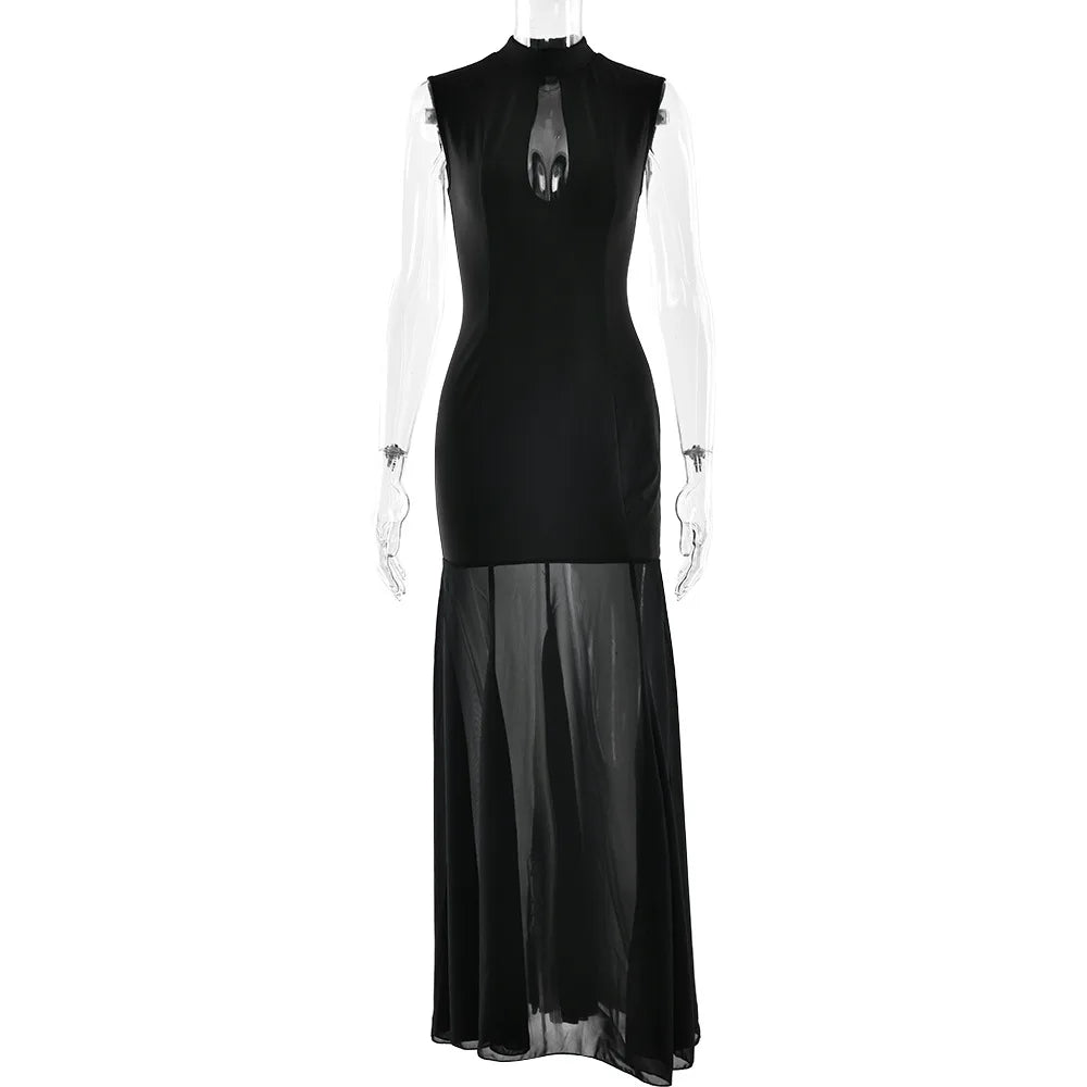 Sexy Spliced Sheer Mesh Fishtail Dresses for Women Stand Collar Sleeveless Patchwork Hollow Out Dress Female Trendy