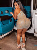 Sexy Skinny Women Dress Mesh Shiny Rhinestone See Through Coquette Mini Bodycon Hot Girls Ball Gown Party Clubwear