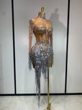 Sexy Shiny Tassel Diamonds Dress For Women Evening Party Costume Luxury Birthday Bar Nightclub Stage Performance Clothing
