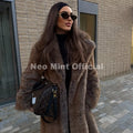 Winter Stylish Brown Gradient Extra Long Faux Fur Coat Women Mountain Fashion Overcoat Chic Vintage Fake Fox Fur Jacket
