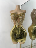 Sparkly Diamonds Top Mini Skirt Sets Gold Nightclub Performance Outfit Luxury Party Stage Celebrity Two Pieces Sets