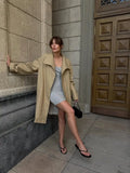 Lapel Collar Loose Mid Length Trench Coat Long Sleeve Single-breasted Striped Lining Coats Women Autumn Casual Commute Wear New