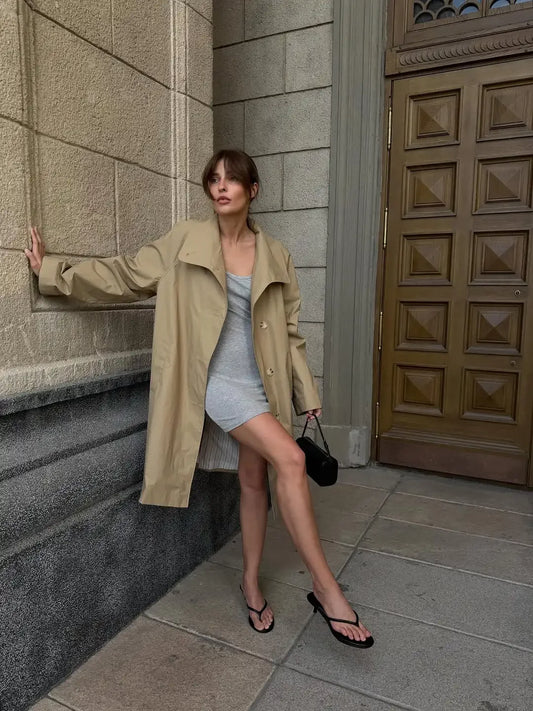 Lapel Collar Loose Mid Length Trench Coat Long Sleeve Single-breasted Striped Lining Coats Women Autumn Casual Commute Wear New
