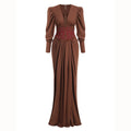 Women Brown Beaded Corset Design Maxi Dress V Neck Long Sleeves Waist Cinching Slim Dresses Fashion Evening Party Gowns
