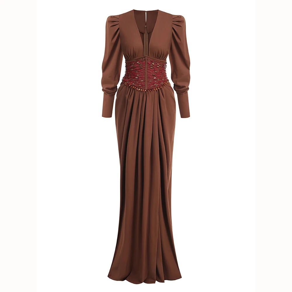 Women Brown Beaded Corset Design Maxi Dress V Neck Long Sleeves Waist Cinching Slim Dresses Fashion Evening Party Gowns