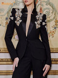 Luxury Diamond Slim Suit Blazer 2026 Autumn New Style Deep V Single Button Black Formal Jacket Coats