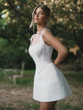 Cinched Waist Textured Fabric Corset Style Mini Dress Structured Bodice White Lace Dress Summer Bridal Shower Outfit 2026