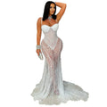 Women Spaghetti Straps Mermaid Evening Gown Wedding Guest Dress Sexy Sheer Padded Lace Backless Formal Party Maxi Dresses