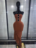 Brown Color Women Sexy Strapless Shining Diamond Keyholes Bodycon Mid-calf Bandage Dress Nightclub Party Celebrate Birthday Wear
