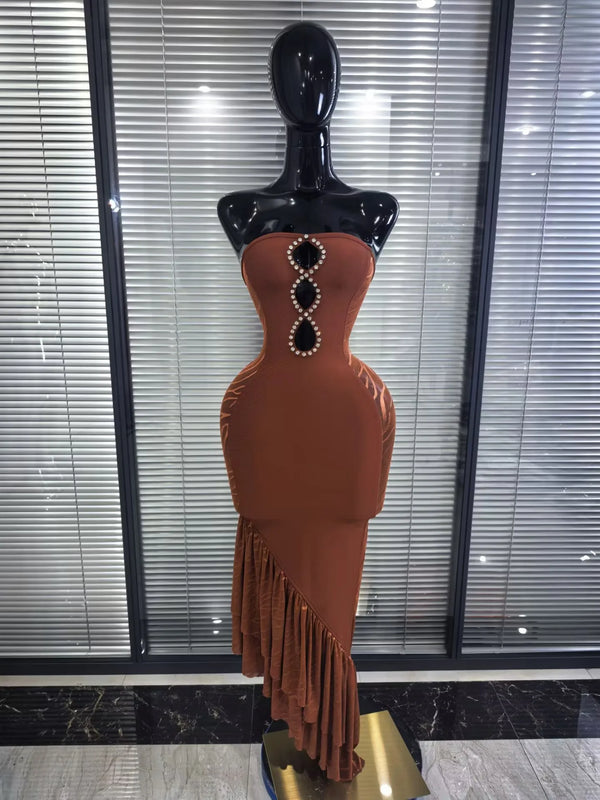 Brown Color Women Sexy Strapless Shining Diamond Keyholes Bodycon Mid-calf Bandage Dress Nightclub Party Celebrate Birthday Wear