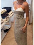 Elegant Women Slip Dress Twill Double‑layer Fabric Spliced Sleeveless Spaghetti Strap Bodycon Casual 2026 Sexy Long Dresses New