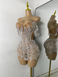 Luxury Pearls Sparkly Rhinestones Women Sexy Off Shoulder Mesh See Through Mini Bodycon Birthday Dress Party Performance Costume