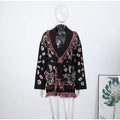 Women's Shawl Collar Fringe Knitted Cardigan Self Fabric Belt Waist Ethnic Print Loose Long Sleeve Mid Length Coat Autumn Casual