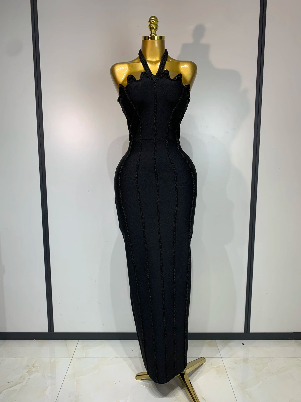 Women Luxury Design Halter Beading Bandage Dress Curve Bodycon Ankle Length Evening Party Birthday Cocktail Prom Dresses