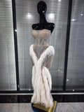 Women Sexy Strapless Sparkly Diamonds Tassel Mesh See Through Dress Celebrate Birthday Evening Party Nightclub Stage Costume