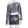 Y2K 2 Piece Set Women Tiger Str Slanted Shoulder Split Sleeve Mesh Crop Tops+Peach Hip Skirts Matching Street Outfits