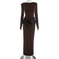 Elegant Style Pencil Dresses for Women O Neck Shoulder Pud Long Sleeve High Waist Pleated Slim Maxi Dress Female