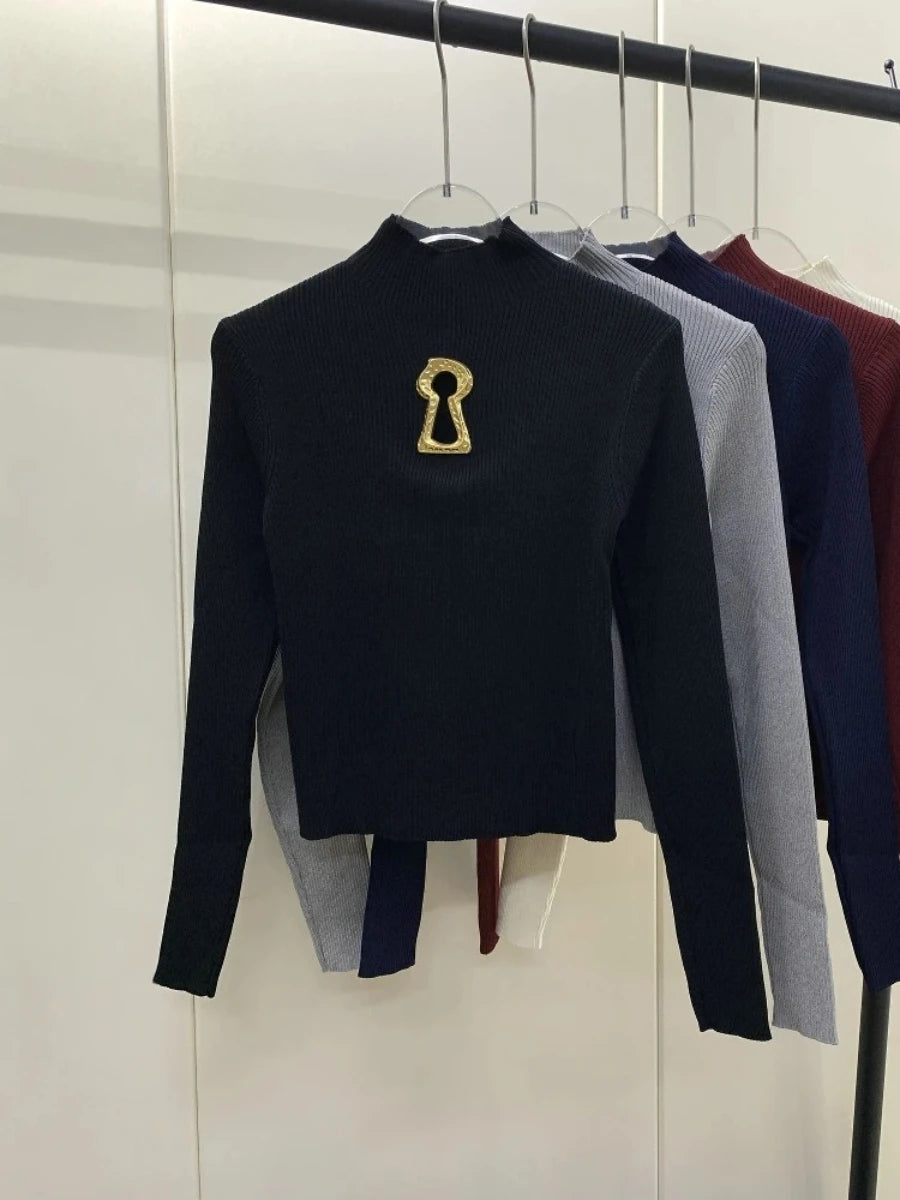 Solid Basics Spliced Hollow T Shirt for Women Stand Collar Long Sleeve Slimming Casual T Shirts Female Winter New