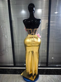 Golden Sequined Women Sexy Florals Tops Bodycon Long Skirt 2 Pieces Set Celebrate Evening Party Birthday Photoshoot Wear