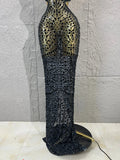 Black Mesh Rhinestone Mermaid Maxi Dress Hollow Cut Out BacklessBodycon Long Gown Women Club Night StageBirthday Party Outfit