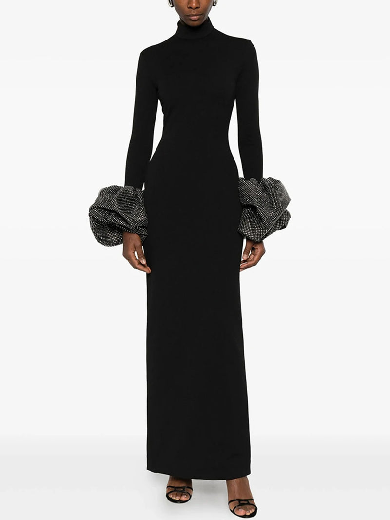 High Quality Women Petal Sleeves Slim Maxi Dress Black Rhinestone Long Sleeves Vestido Elegant Evening Club Party Outfit