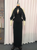 Award Ceremonies Black Halter Maxi Gown for Women Deep V Neck Sheer Cape Sleeves Backless Chiffon Skirts for Formal Galas