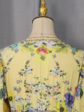 Yellow Floral Print Puff Sleeve Maxi Dress for Women Deep V Neck High Waist Asymmetrical Ruffle Hem Skirt for Garden Parties