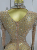 Sparkle Rhinestones Long Sleeve Gloves Stretch Bodysuits 2025 Women Evening Luxury Birthday Party Sexy Nightclub Stage Costumes