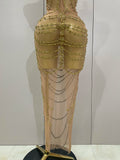 2026 Women Birthday Party Gown Stage Singer Performance Costume Luxury Sparkly Gold Rhinestone Sexy Transparent Mesh Long Dress