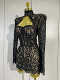 Sexy Black Lace High Neck Hollow Out Design Bodycon Mini Dress Women Long Sleeve Evening Party Club Bar Cocktail Celebrity Gowns
