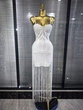 4 Colors Women Sexy Strap Shining Beading Long Tassles Bodycon Long Bandage Dress Elegant Evening Party Celebrate Birthday Wear