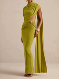 Cowl Neck Maxi Evening Dress for Women One Long Sleeve Cutout Waist Backless Cape Sleeve for Formal Party Bodycon Solid Gown