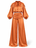 Satin Two Piece Set for Women Ruffle Mock Neck Long Lantern Sleeve Crop Top Pleated Wrap Wide Leg Pants for Vacation Daily
