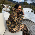 Fashion Leopard Print Ski Suit Women Stand Collar Hooded Zipper Coat Chic Slim Pants 2026 Winter Warm Casual Sport Windproof Set
