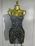 Women Evening Party Luxury Birthday Nightclub Stage Performance Wear Sexy Mesh See Through Sparkly Rhinestone Mini Bodycon Dress
