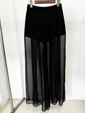 New Fashion 2026 Spring Women's Mesh Splicing Bead Sequin Blazer Wide Legs Chiffon Pants Set Suit Outfit