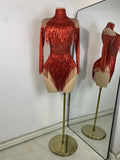 Red Rhinestones Skinny Bodysuit Women Sexy Long Sleeve Tassel Performance Singer Dance Costume Nightclub Celebrate Stage Wear