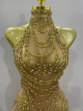 2026 Women Birthday Party Gown Stage Singer Performance Costume Luxury Sparkly Gold Rhinestone Sexy Transparent Mesh Long Dress