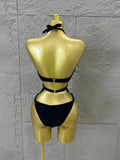 Gold Luxurious Black Bodysuit Women Sexy Halter Neck Iridescent Crystal Embellished Cutout Outfit Stage Performance Costume
