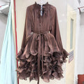 Ruffled Mock Neck Mini Dress for Women Tie Neck Long Sleeve Flare Cuff Self Tie Sash Waist Tiered Ruffle for Party Occasions