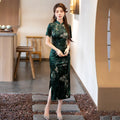 Green Short Sleeved Velvet Chinese Style Long Autumn Qipao Young Women's High-end Retro Evening Dress Qipao