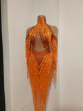 Women Latin Dance Outfits Bar Nightclub Party Club Stage Wear Sparkly Diamond Orange Tassel Long Sleeves Mesh Transparent Dress