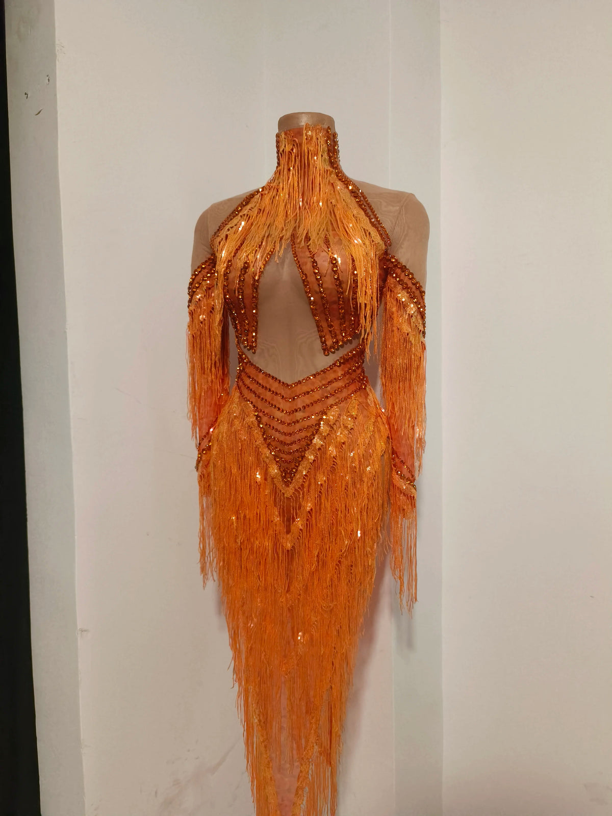 Women Latin Dance Outfits Bar Nightclub Party Club Stage Wear Sparkly Diamond Orange Tassel Long Sleeves Mesh Transparent Dress