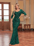 Luxury Evening Dress Women Half Sleeve Mermaid Formal Sequin Prom Maxi Dress Elegant Wedding Party Cocktail Graduation Gown